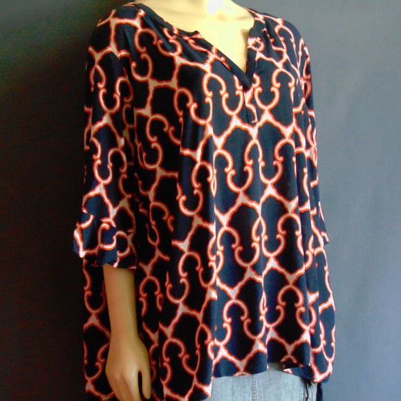 crown & ivy Tops - Crown & Ivy Navy Orange Rayon Popover Top 3X